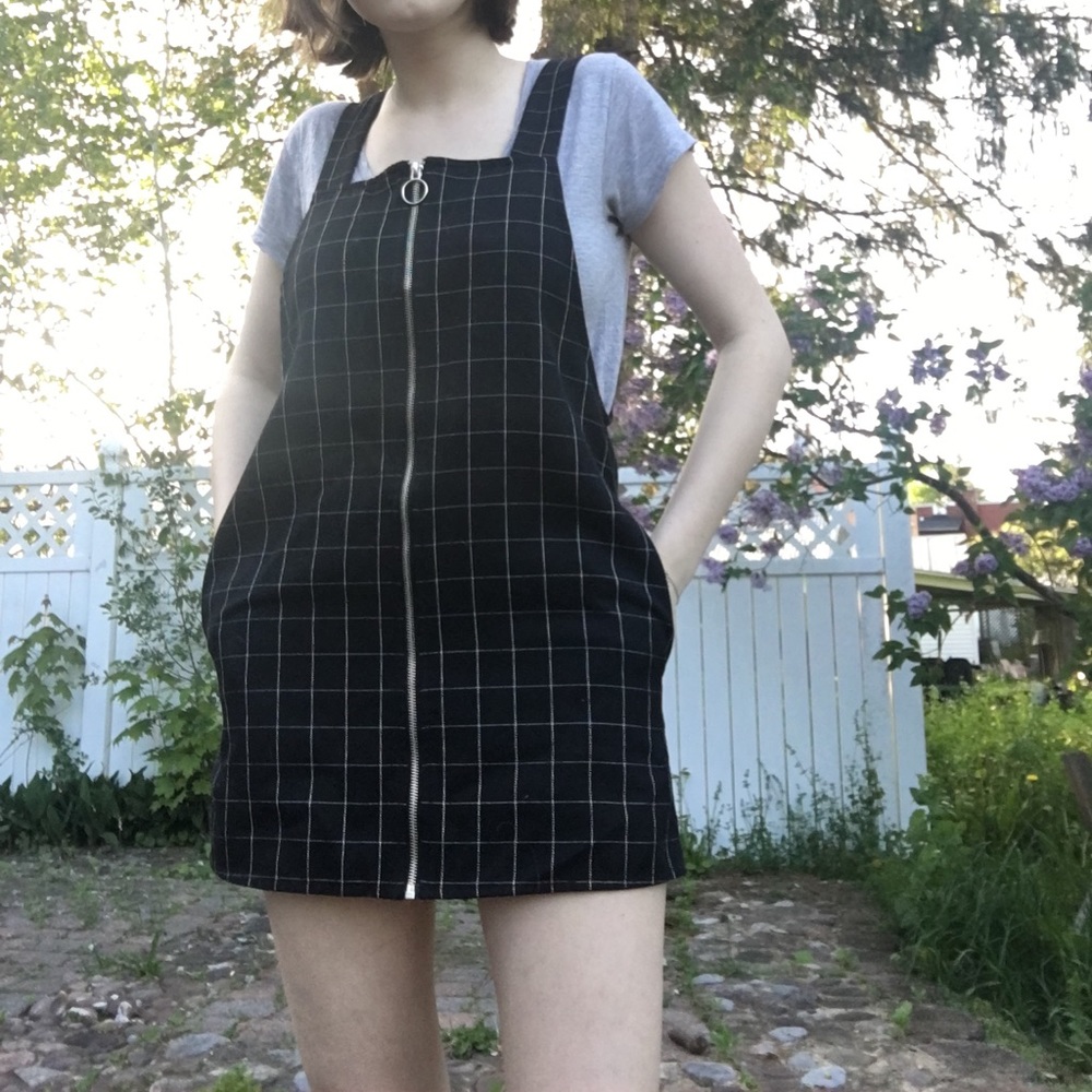 Grid print overall dress